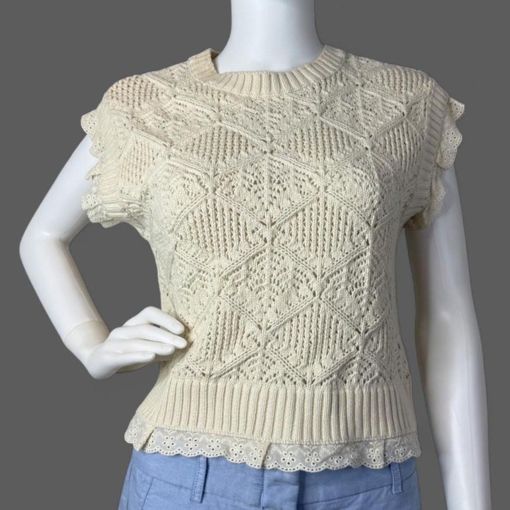 NWT Elie Tahari Ivory Pointelle Lace Trim Sweater Vest Top M Spring 2025